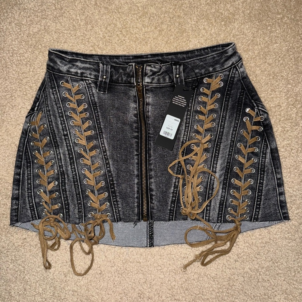 Fashion Nova Black Wash Denim Lace-Up Mini Skirt